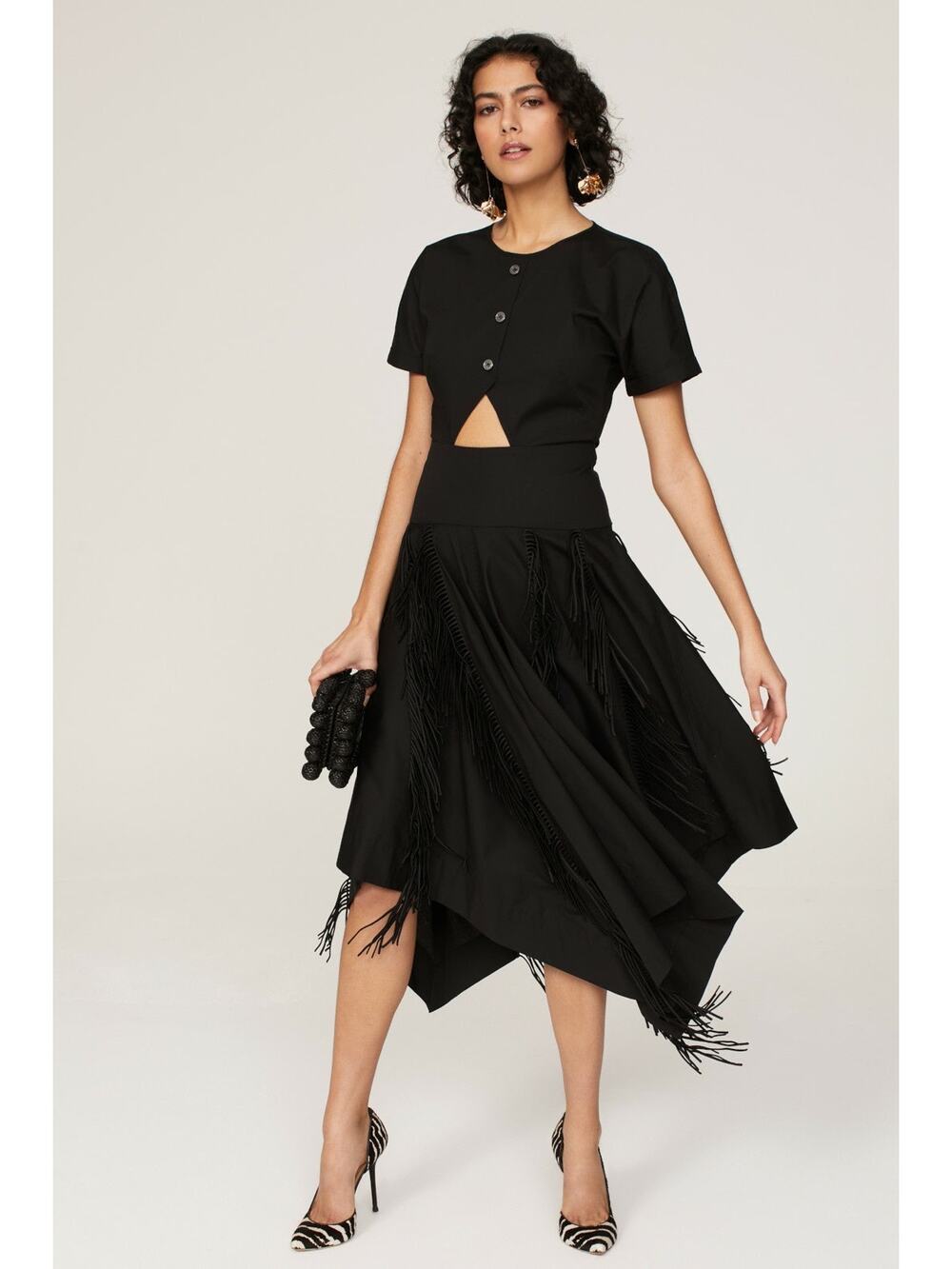 Bibhu Mohapatra Black Cutout Fringe Midi Cocktail Dress Sz 4